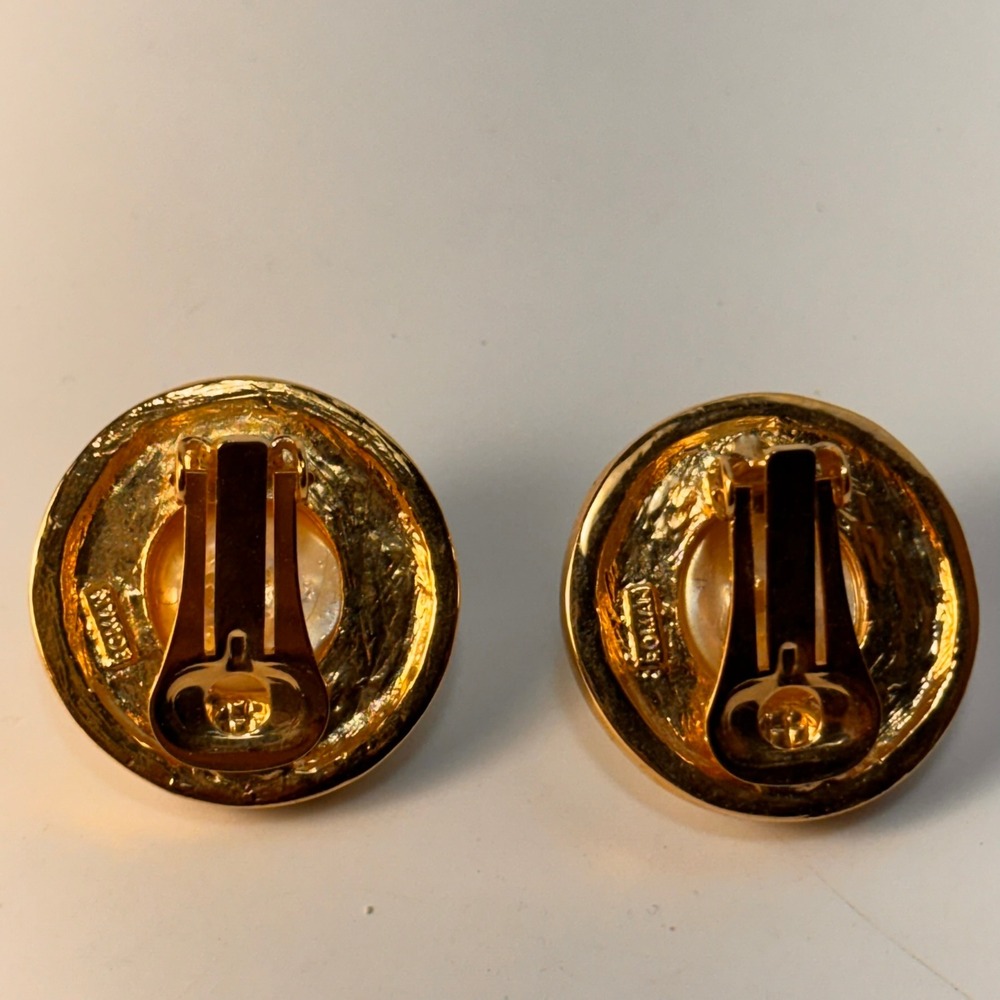 Vintage Roman‎ Clip On Earrings Gold Tone Faux Pearl Rhinestone Statement 90s - Picture 4 of 6
